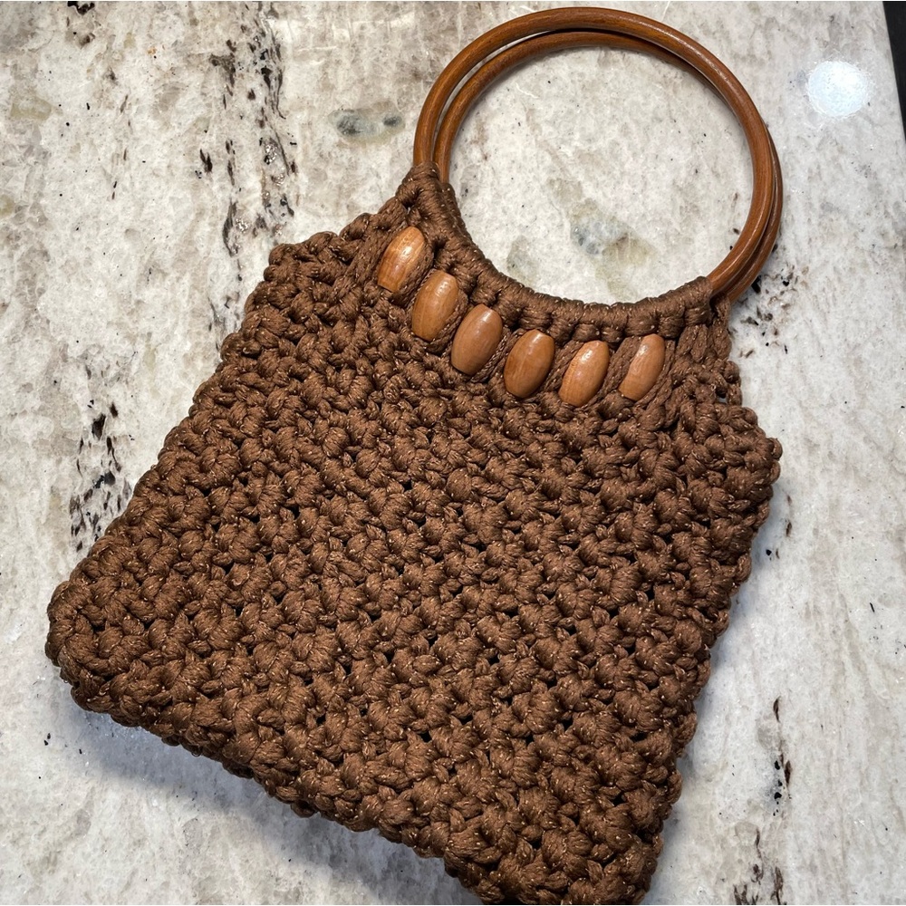Vintage 70s Brown Macrame Wooden Handle Handbag Boho Crochet Purse